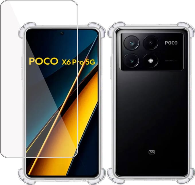 Hoesje + Screenprotector geschikt voor Poco X6 Pro – Tempered Glass - Extreme Shock Case Transparant