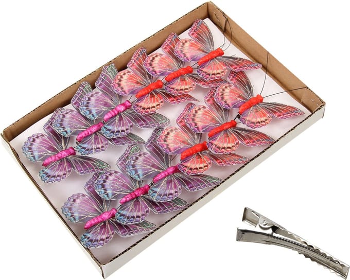 Othmar Decorations decoratie vlinders op clip - 12x - rood/paars -9 cm