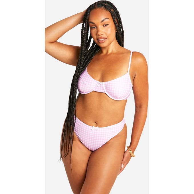 boohoo Dames Plus Gingham Print Hoog Getailleerde Bikini Slip | Pink | Maat: 22