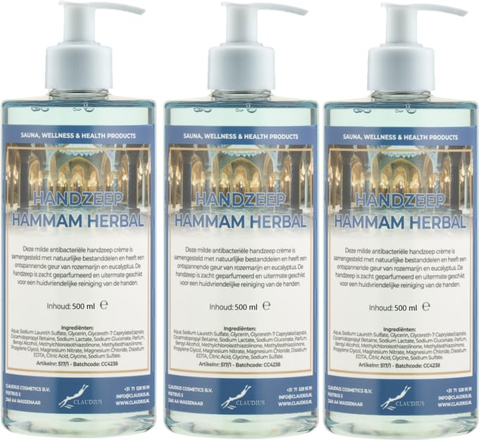 Handzeep Hammam Herbal 500 ml - set van 3 stuks - met gratis pomp - Voordeelverpakking