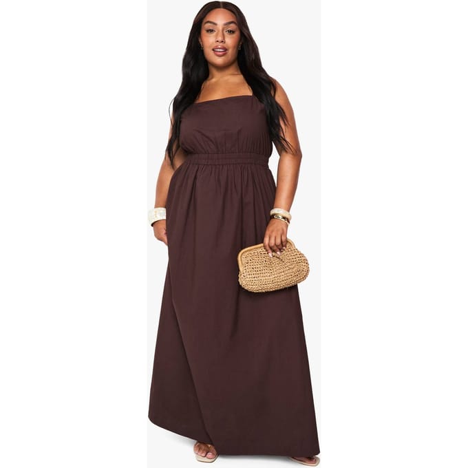 boohoo Dames Plus Katoen Poplin Midaxi Jurk | Chocoladebruin | Maat: 44