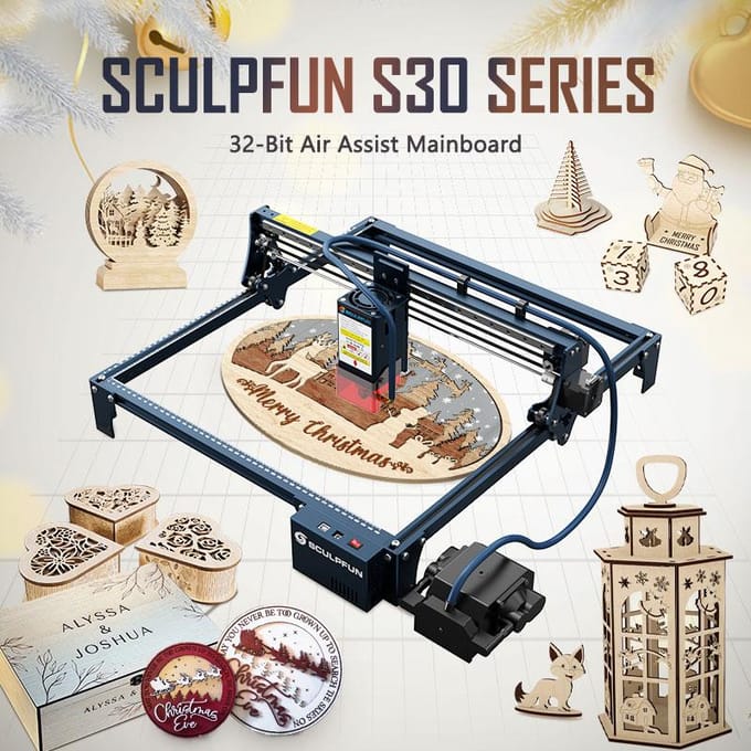 SCULPFUN S30 Pro Max 20W Graveur Laser Coupeur, Conception d'objectif remplaçable, Carte mère M8 à assistance d'air, Faisceau laser 0,06x0,08mm bleu