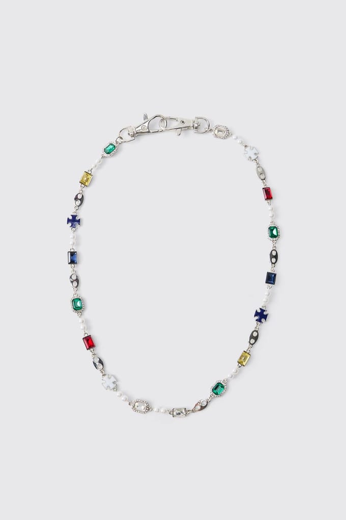 Jeanketting Met Edelstenen En Imitatieparels | Silver
