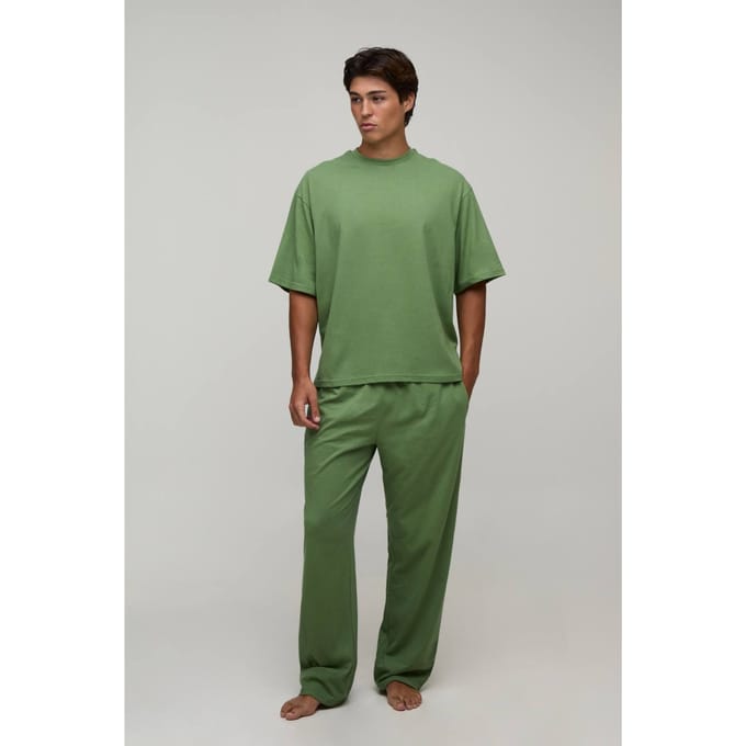 Heren Loungewear Oversized T-shirt En Straight Leg Lounge Set | Olive | Size Small
