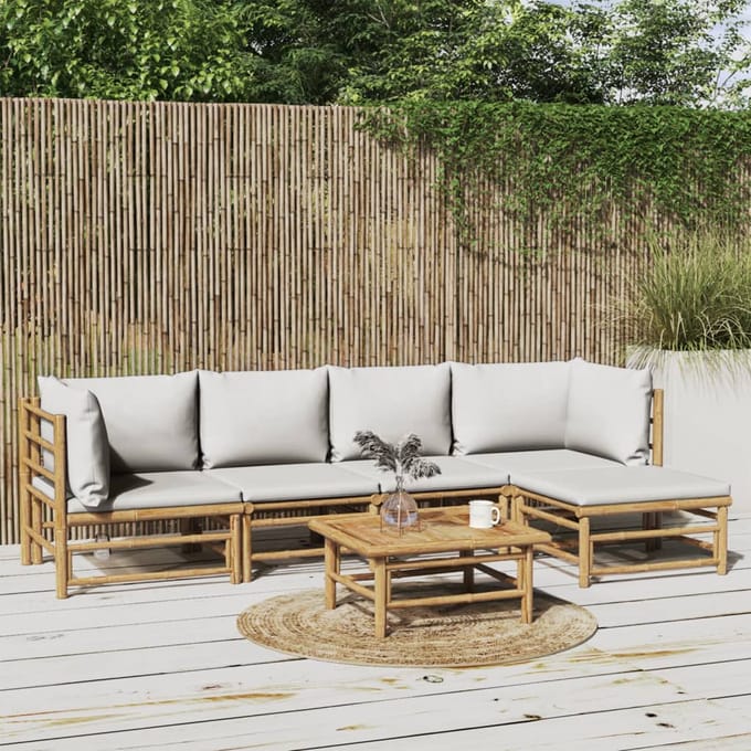 vidaXL - 6-delige - Loungeset - met - kussens - bamboe - lichtgrijs