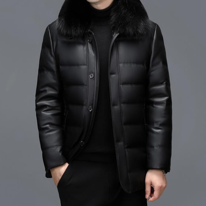 Donsjack Heren Verdikt Warm Mid-lengte Jas Vossenbont Kraag Middelbare leeftijd Papa's Kleding Echte Leren Jas Heren Los 4XL black