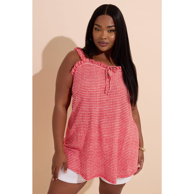 Yours Cami Top Met Bandjes Met Ruchedetail En Gingham Ruit In Rood Size 48