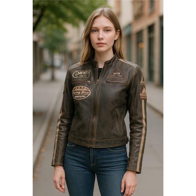 Dames Vintage Tan Biker Racing Badges Leren Jas - Eastleigh