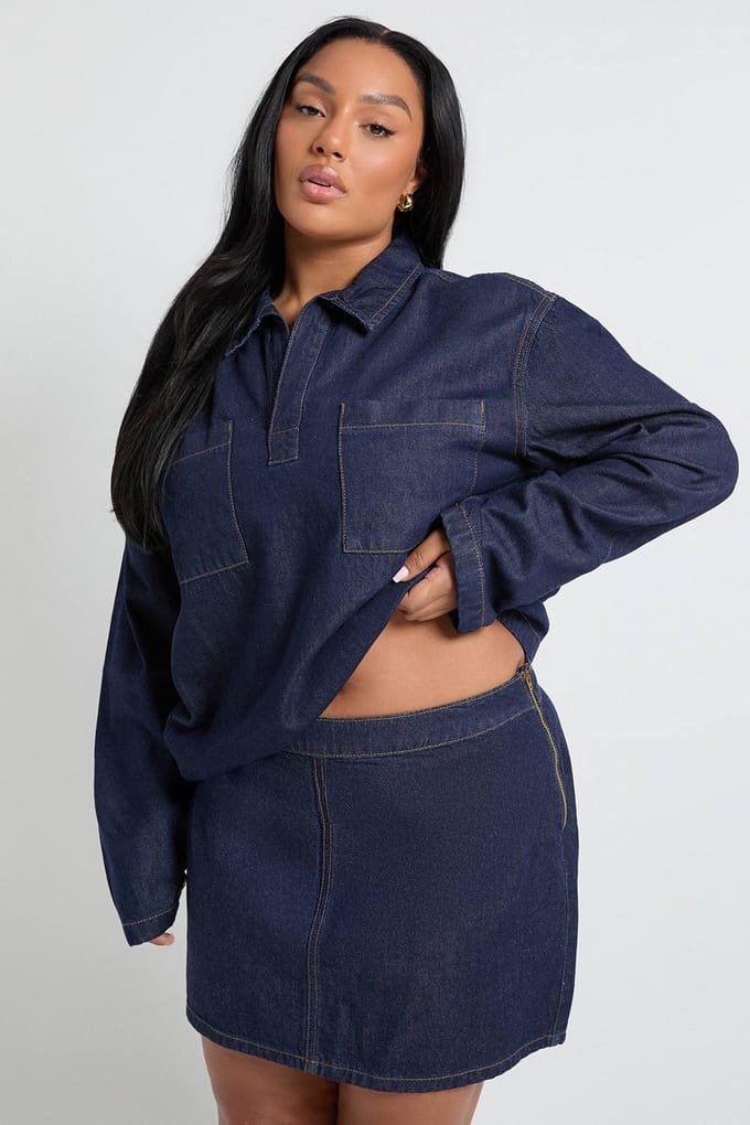boohoo Dames Plus A-lijn denimrok | Indigo | Maat: 18