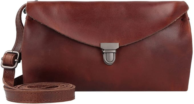 HAROLD'S Leren Schoudertas Koppeling Fold Handbag Clutch Brown Donkerbruin