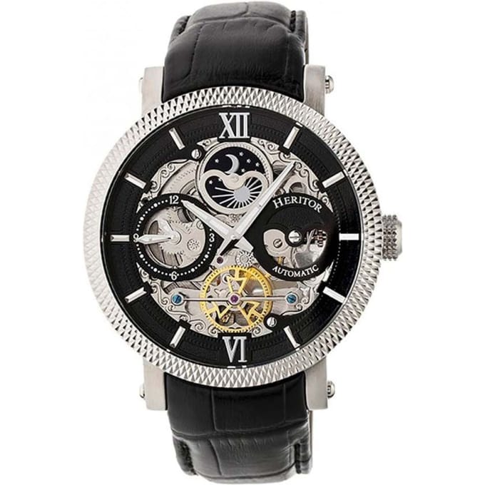 Heritor Automatic Aries Skeleton leren band horloge - Zwart