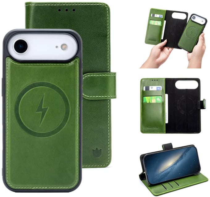 Cityhoesje - Bookcase 2 in 1 - iPhone 17 Air - Magsafe - Echt Leer - Groen