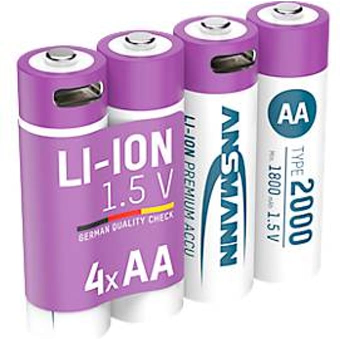 Li-Ion oplaadbare batterijen ANSMANN Mignon AA, 1,5 V, Type 2000 (min. 1800 mAh), 3,26 Wh, Type C opladen, 4 stuks