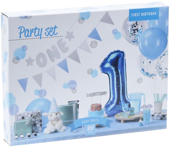 Feestversiering 1e verjaardag jongen blauw - decoratie set 9-delig karton.