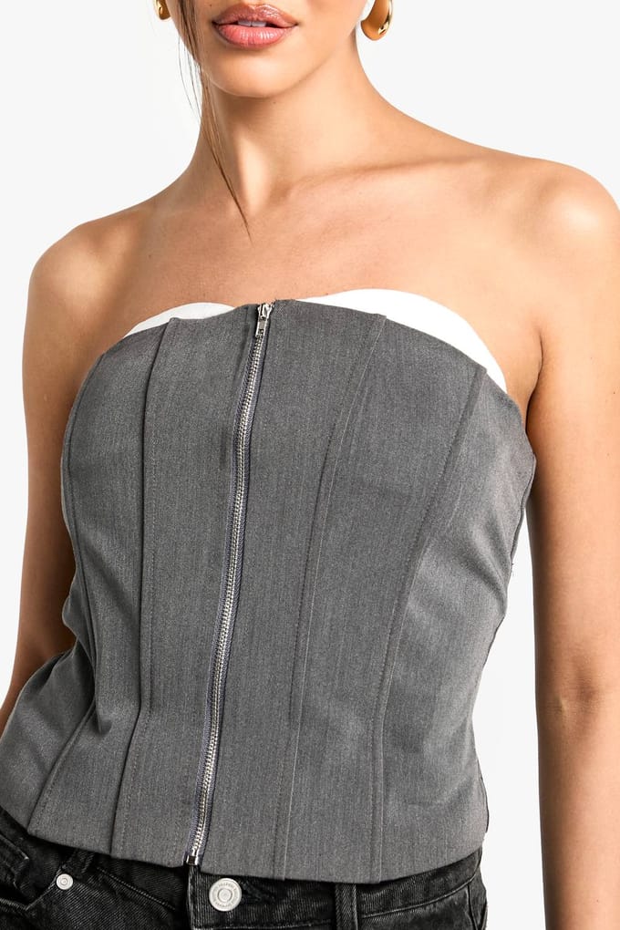 boohoo Dames Zip Up Front Longline Corset | Charcoal | Maat: 12