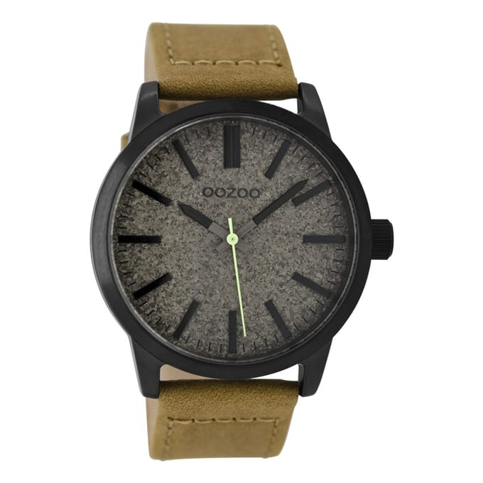 OOZOO Timepieces - Zwarte horloge met camel leren band - C9067