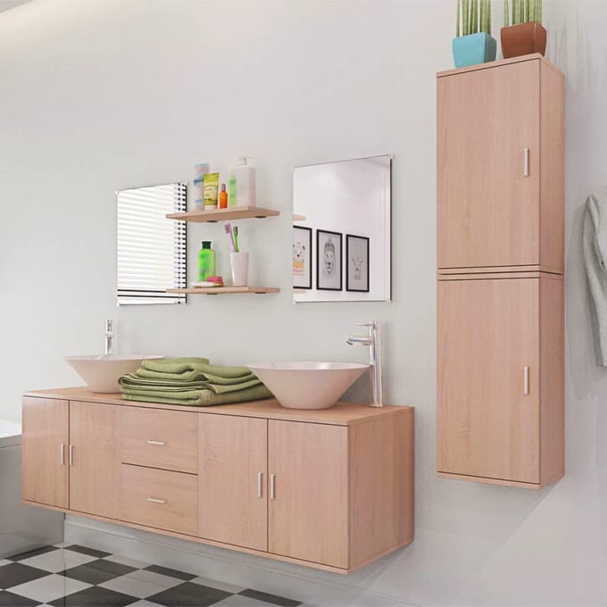 vidaXL - Badkamermeubelset - met - wasbak - beige - 9-delig