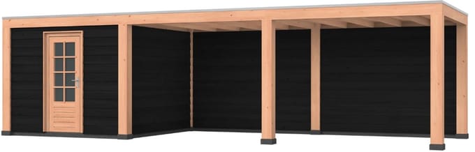 Douglas overkapping, 900 x 300, met zwarte schuur en achterwand, Westwood Modern Plus
