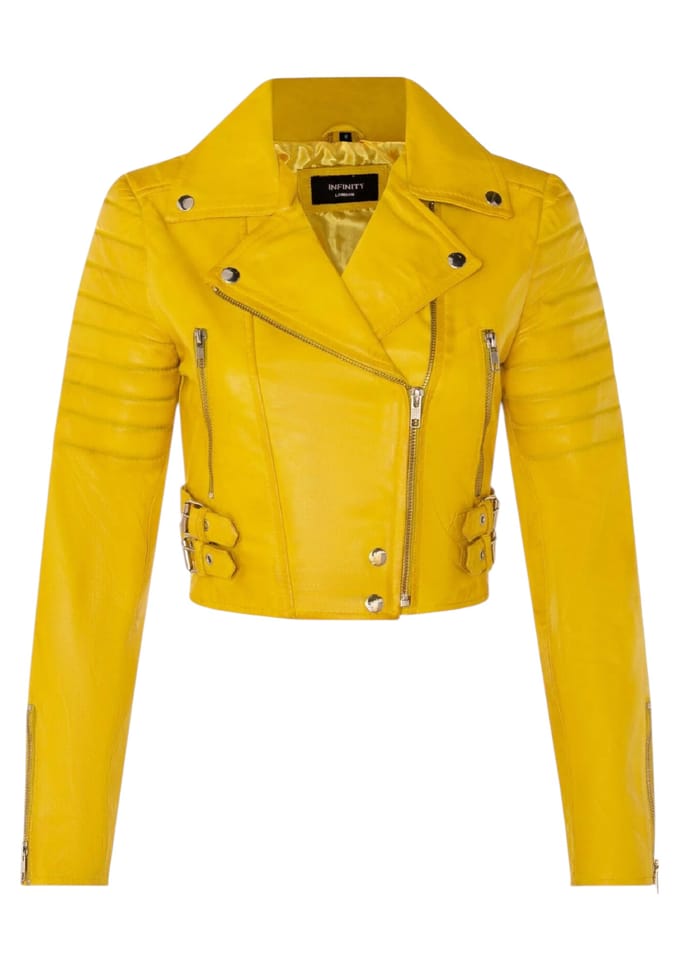 Dames geel cropped Brando leren bikerjack - Durban