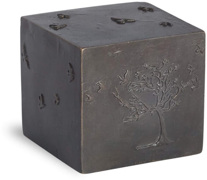 Bronzen urn - kubus met levensboom en blaadjes 5x5x5 cm mini urn - brons