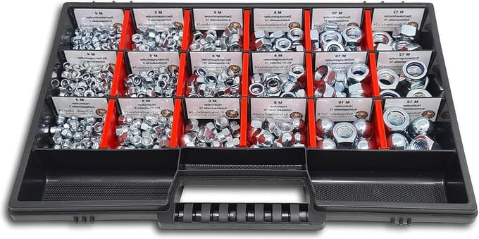 Moeren assortiment 554 stuks M4-M5-M6-M8-M10-M12 met schroefdoos