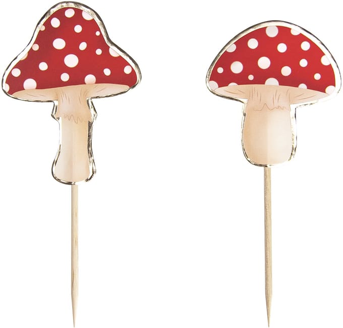 PARTYPRO - 10 rood-witte paddenstoel cocktailprikkers van hout