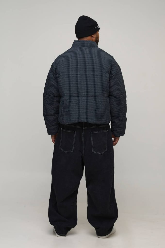 Plus Oversized Check Ripstop Funnel Neck Puffer Jacket | Navy | Size 2XL