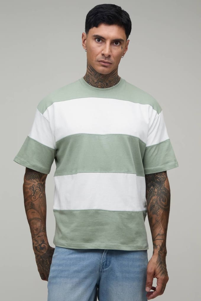 Lang Oversized Colour Block Gestreept T-shirt | Sage | Size XL
