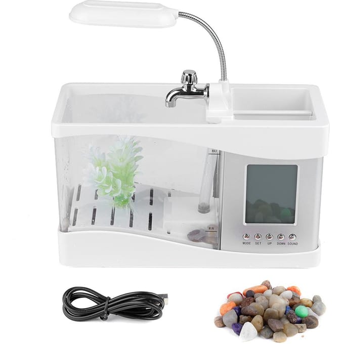 Multifunctioneel USB Oplaadbaar Mini Aquarium met Klokfunctie LED Licht Wit wit