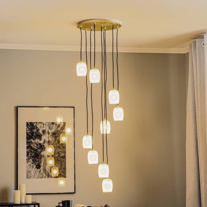 Lucande - hanglamp - 9lichts - Ijzer, glas - G9 - messing, zandwit
