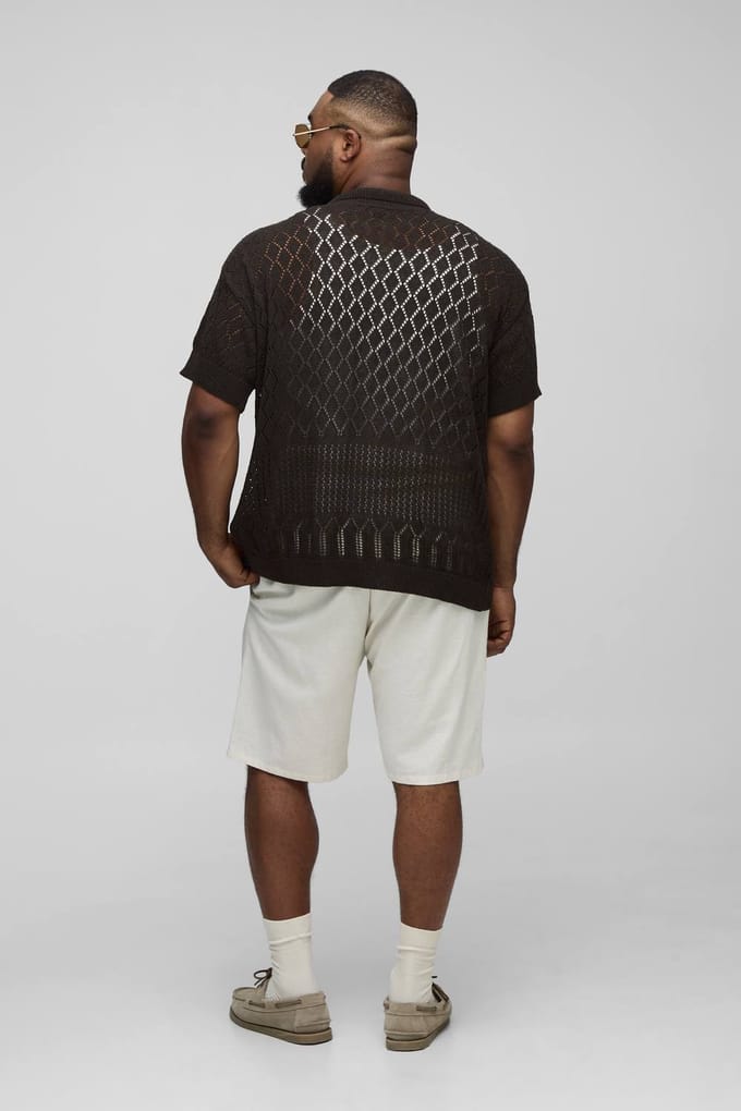 Plus Open Stitch Crochet Ontspannen Poloshirt | Coffee | Size 2XL