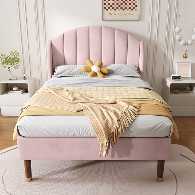 Gestoffeerd bed 90 x 200 cm mit Lattenrost und Kopfteil - Jugendbed - Eenpersoonsbed - Roze