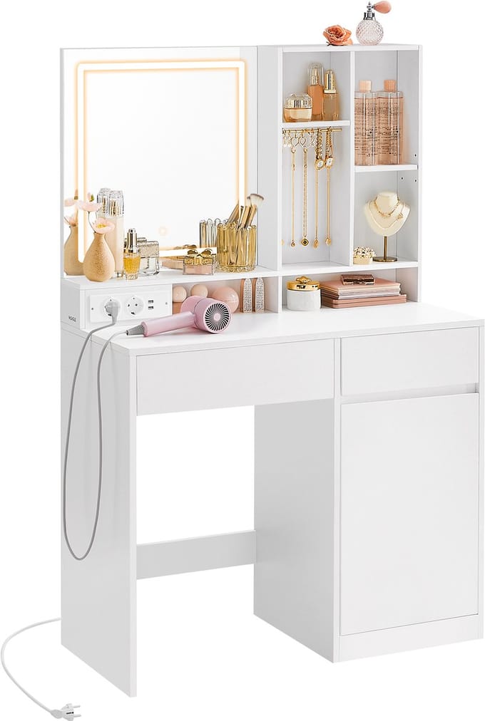 VASAGLE - Kaptafel - Make up tafel - Met LED-Verlichting - Stopcontact - Lades - Verstelbare Planken