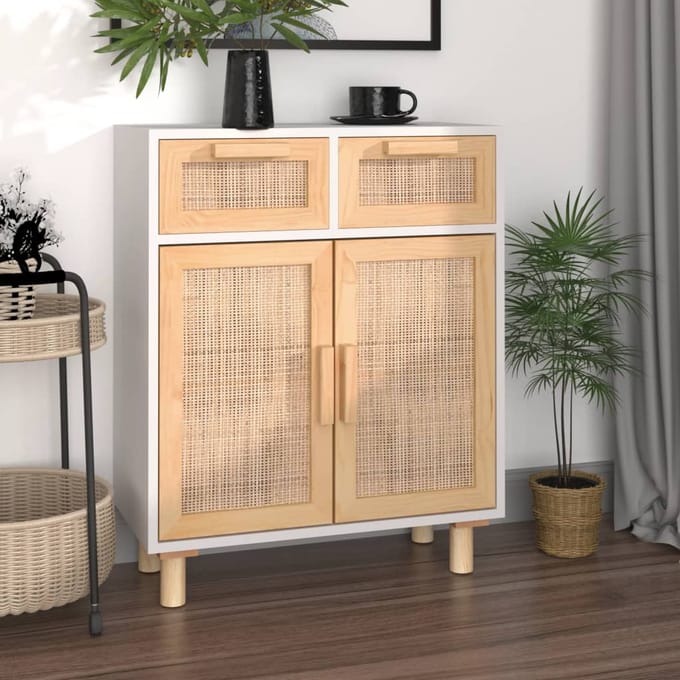 vidaXL - Dressoir - 60x30x75 - cm - massief - grenenhout - en - rattan - wit