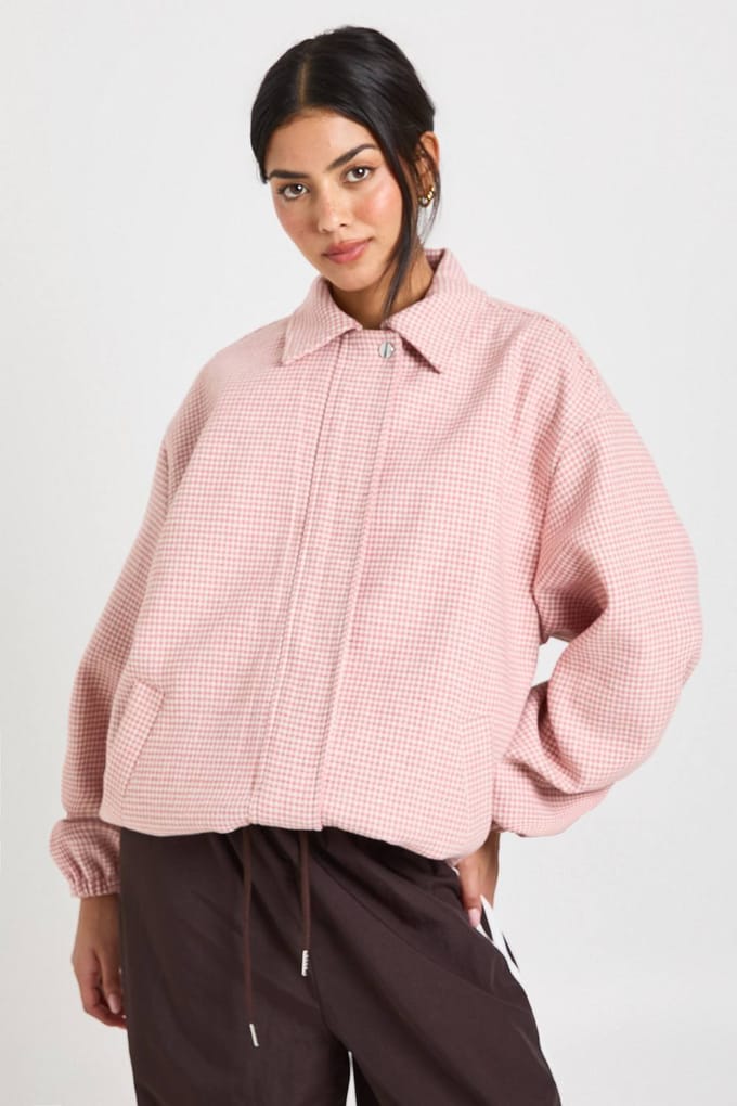 boohoo Dames Pied-de-poule Print Wollen Look Bomberjack | Roze | Maat: 36