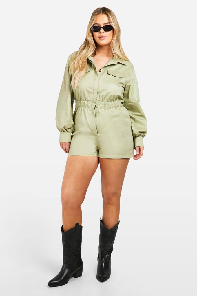 boohoo Dames Plus Utility Lange Mouwen Playsuit | Kaki | Maat: 44