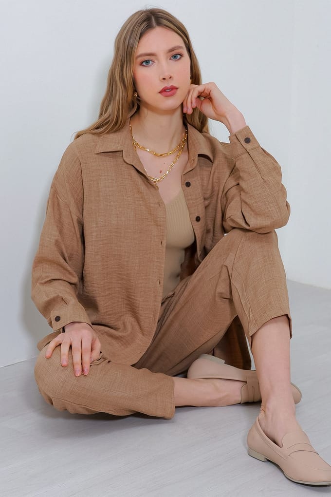 Linnenmix Lange Mouwen Shirt en Broek Set