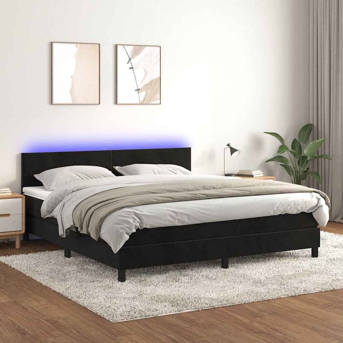 vidaXL - Boxspring - met - matras - en - LED - fluweel - zwart - 160x200 - cm