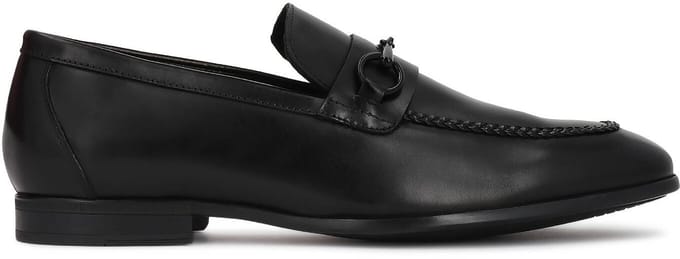 Black leather men's loafers with metal embellishment