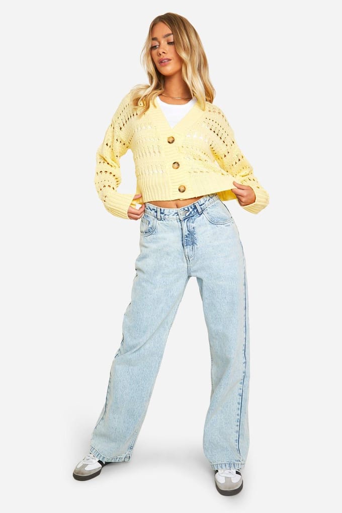 boohoo Dames Gehaakte Crop Cardigan met knoopsluiting | Boter | Maat: Large