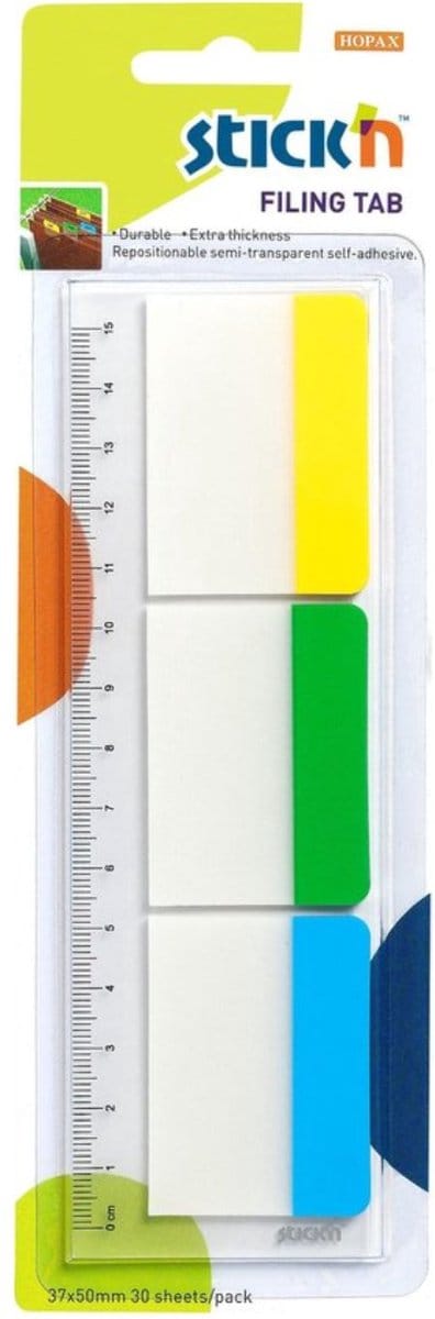 Stick'n Bladwijzers - Sticky index tabs - 37x50mm - op 15cm flexibele liniaal - 30 tabs totaal