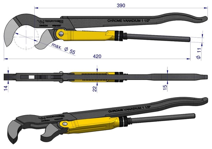 Verstelbare Zweedse pijptang, max 55mm opening, 420mm lengte