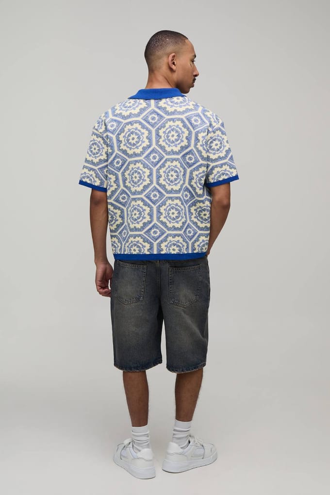 Oversized Boxy Crochet Cotton Blend Knitted Polo T-Shirt | Yellow | Size Medium