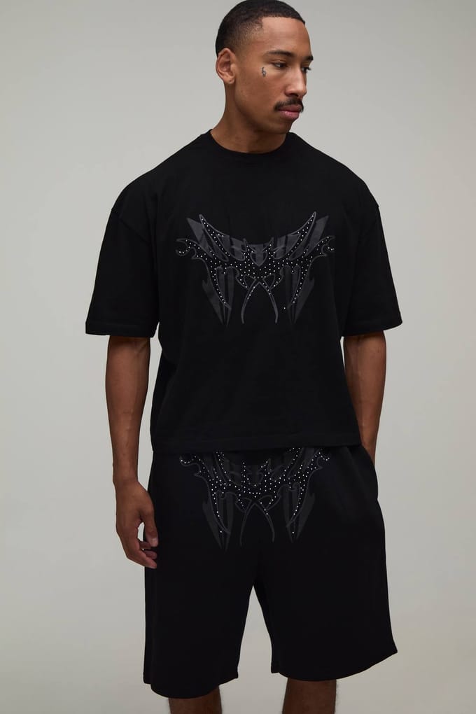 Oversized Boxy T-shirt Met Studs & Relaxed Short Set | Black | Size XS