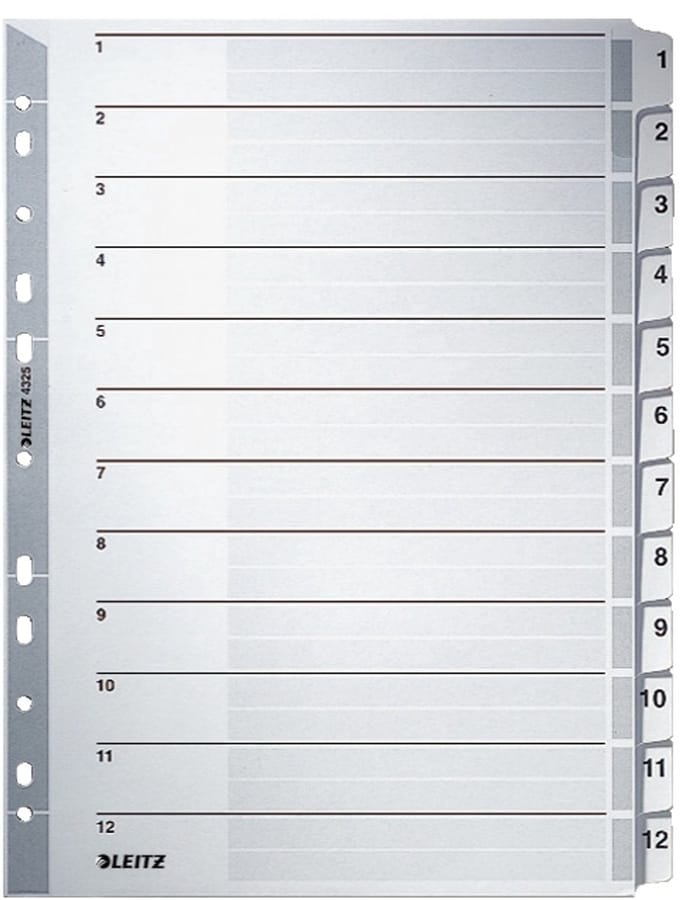 LEITZ tabbladen met cijfers 1-12, A4, grijs, 12-delig