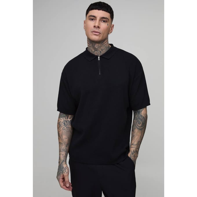 Tall Oversized Boxy 1/4 Zip Cotton Blend Knitted Polo T-Shirt | Black | Size Medium