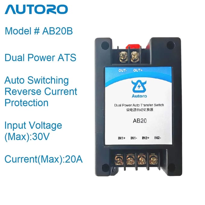 NONE Autoro AB20B Dual Power Auto Transfer Switch ATS DC5-30V Max 20A/Kanaal voor back-up-voedingssystemen