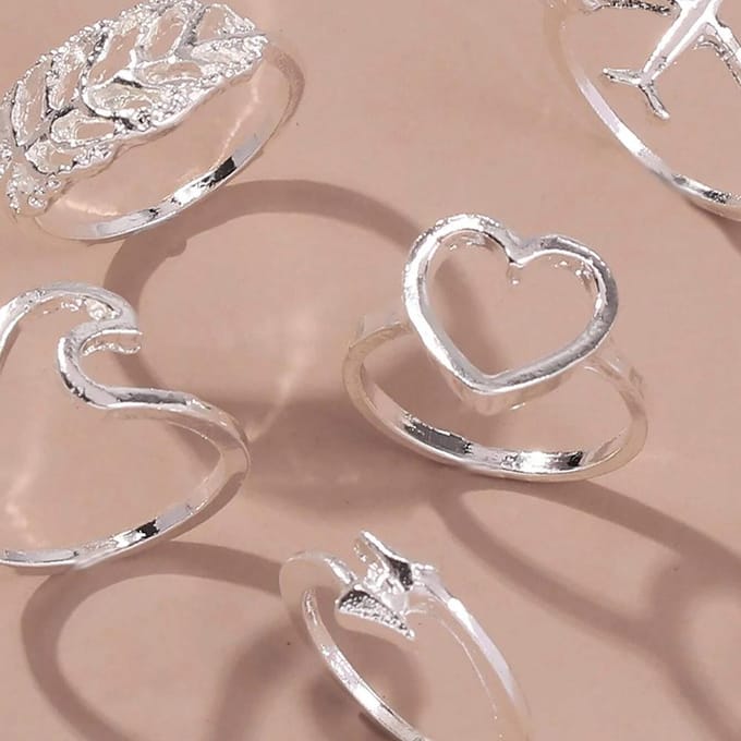 Doigts Joints, Simplicité, Bague, Feuille, Amour, Avion, Ensemble de Flèches, Ensemble de Cinq Pièces. one size argenté