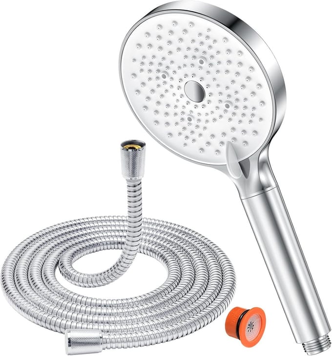 Famanu – Handdouche met 1,6 m slang en filter, 6 straalsoorten, waterbesparend, chroom/wit