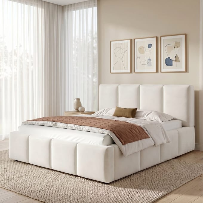Gestoffeerd bed - tweepersoonsbed - 180 x 200 cm - met bedbodem - gestoffeerd hoofdeinde - beige fluweel